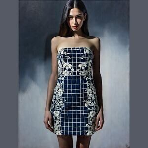 Express Navy Blue White Plaid Floral Strapless Garden Party Sheath Mini Dress 8